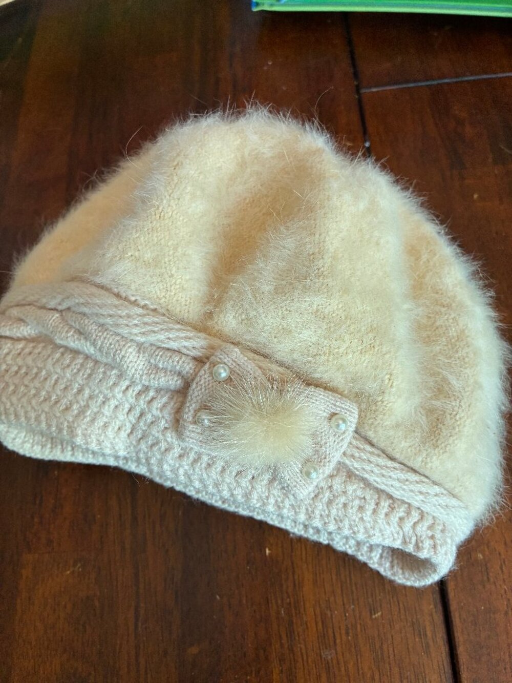 Angora Acrylic Beret ivory Hat Pearl Bow